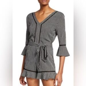 JOA Belted Romper Women S Small Black Striped V Neck Tie Back 3/4 Ruffle Sleeves